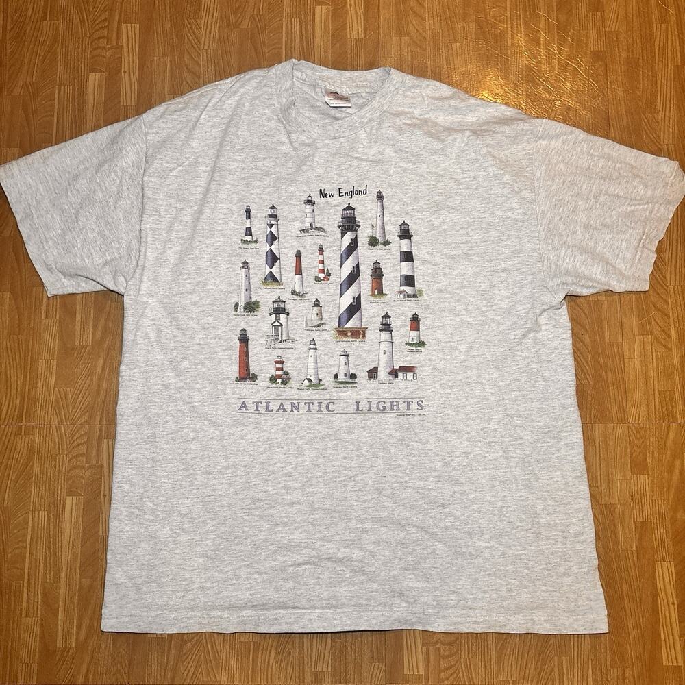 Vintage New England Atlantic Lights Lighthouse T Shirt XL Gray 90s USA Coastal